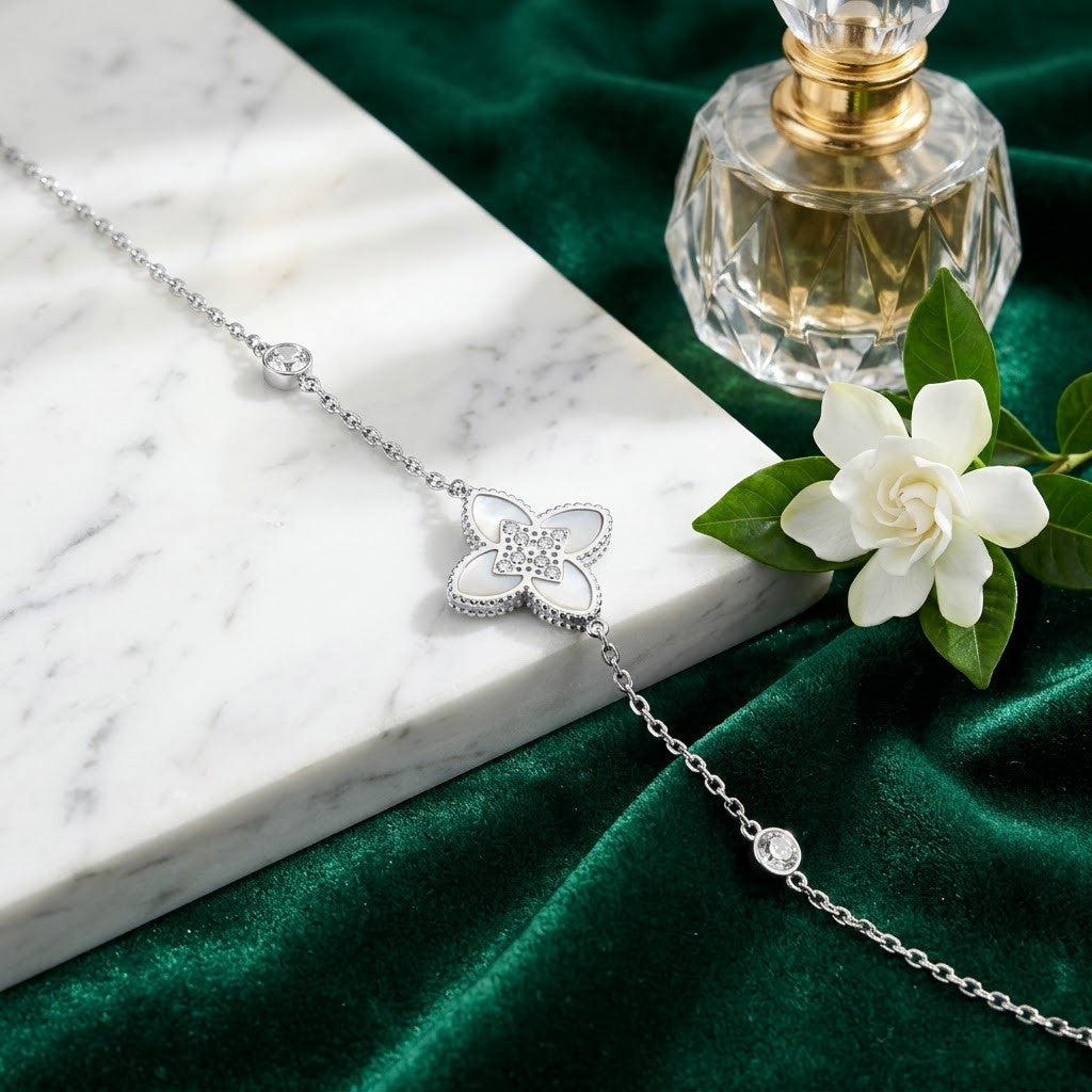 Guilloche Four-Leaf Lucky Clover Station Bracelet - View 4 | ANUSI 18K Gold Jewelry