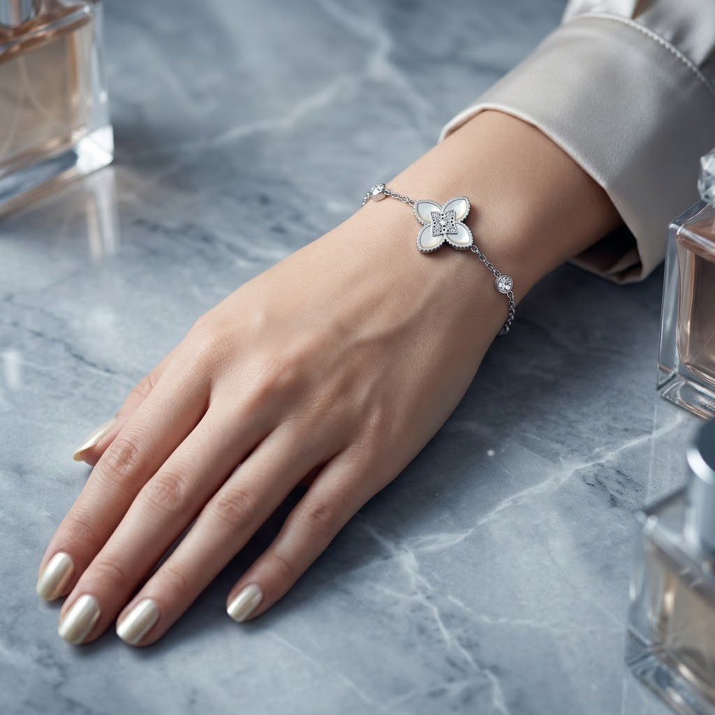 Guilloche Four-Leaf Lucky Clover Station Bracelet - View 2 | ANUSI 18K Gold Jewelry