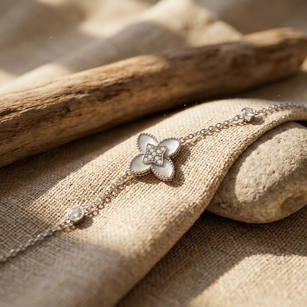 Guilloche Four-Leaf Lucky Clover Station Bracelet - View 5 | ANUSI 18K Gold Jewelry