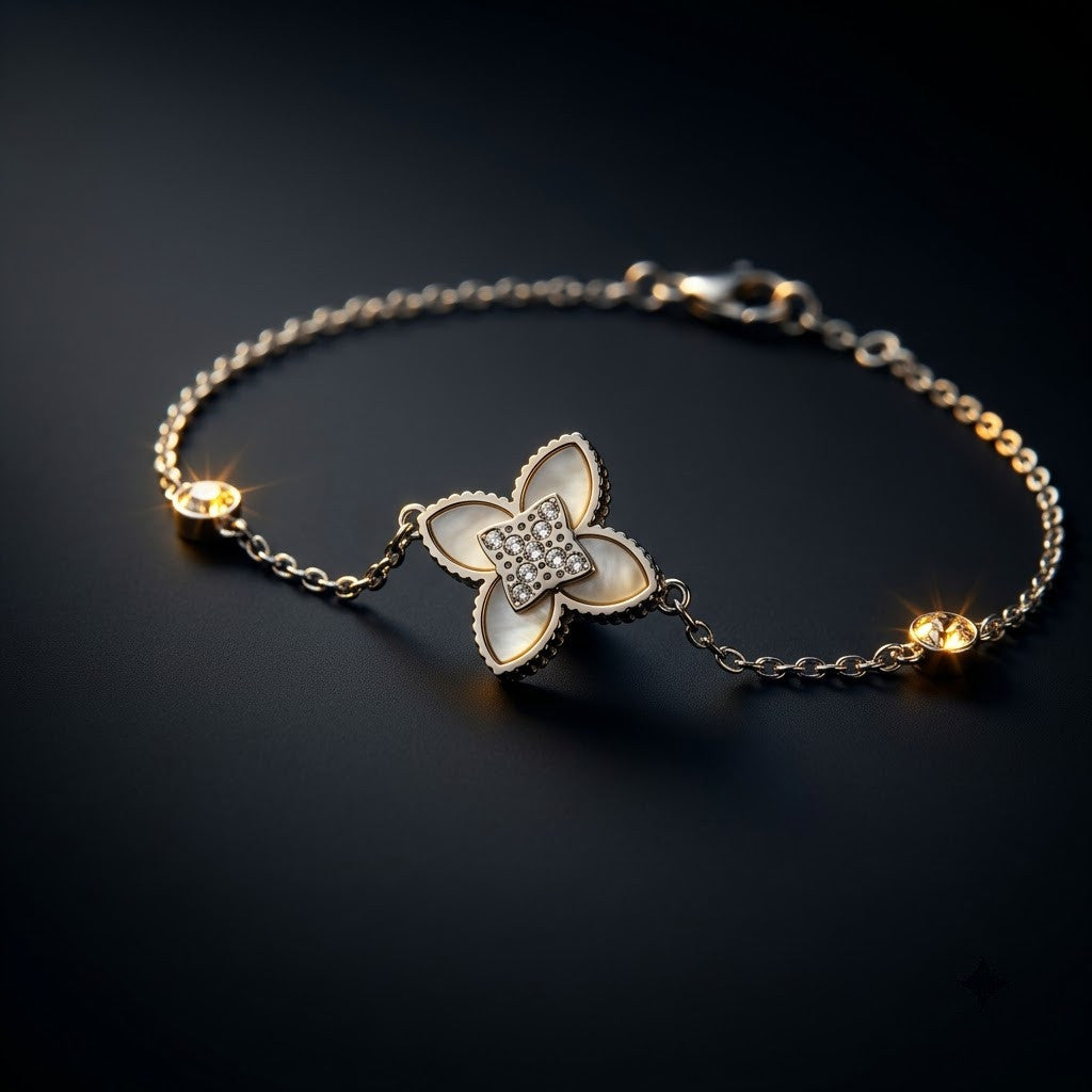 Guilloche Four-Leaf Lucky Clover Station Bracelet - View 7 | ANUSI 18K Gold Jewelry