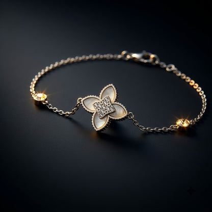 Guilloche Four-Leaf Lucky Clover Station Bracelet - View 7 | ANUSI 18K Gold Jewelry