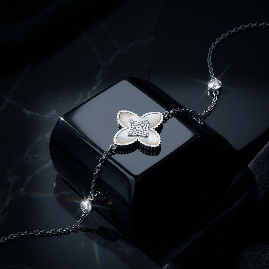 Guilloche Four-Leaf Lucky Clover Station Bracelet - View 6 | ANUSI 18K Gold Jewelry