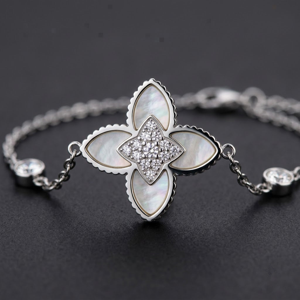 Guilloche Four-Leaf Lucky Clover Station Bracelet - View 3 | ANUSI 18K Gold Jewelry