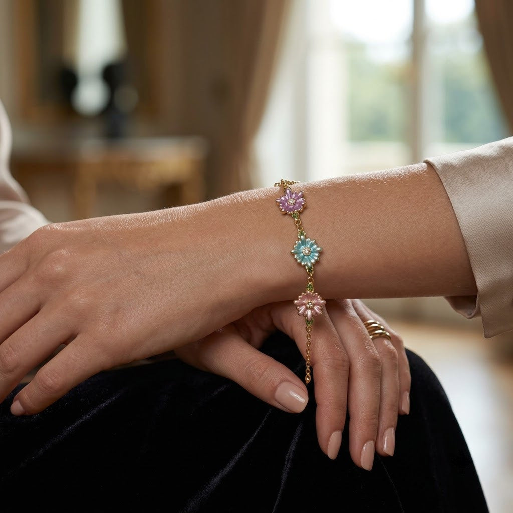 Multicolor Crystal Blossom Cluster Dainty Bracelet - View 2 | ANUSI 18K Gold Jewelry