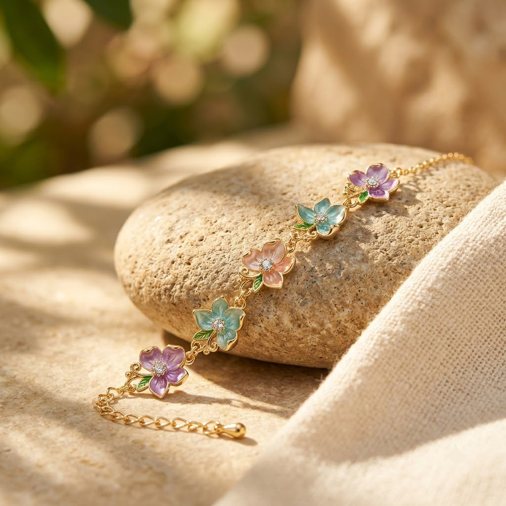 Sakura Pastel Blossom Garland Crystal Bracelet - View 5 | ANUSI 18K Gold Jewelry