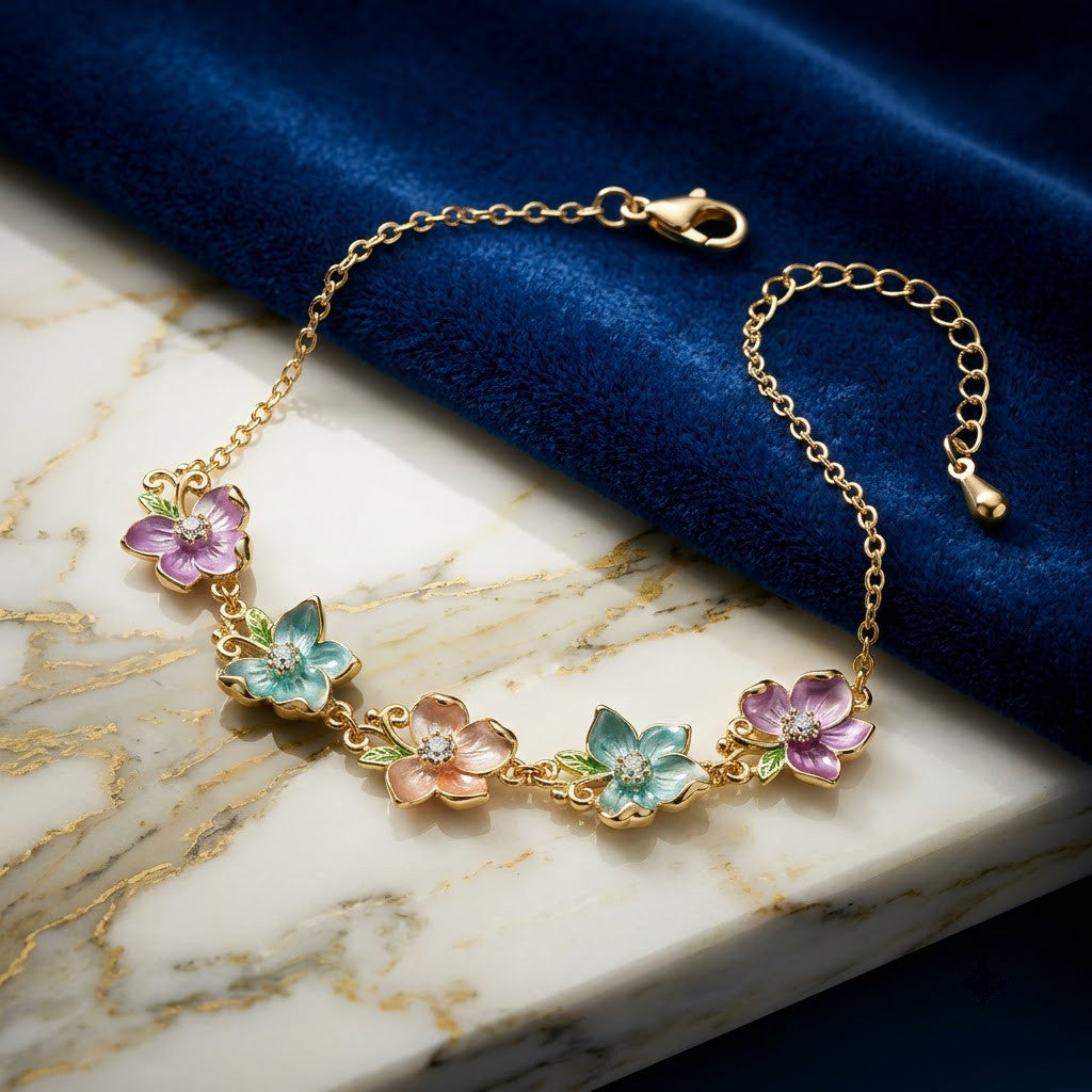 Sakura Pastel Blossom Garland Crystal Bracelet - View 4 | ANUSI 18K Gold Jewelry