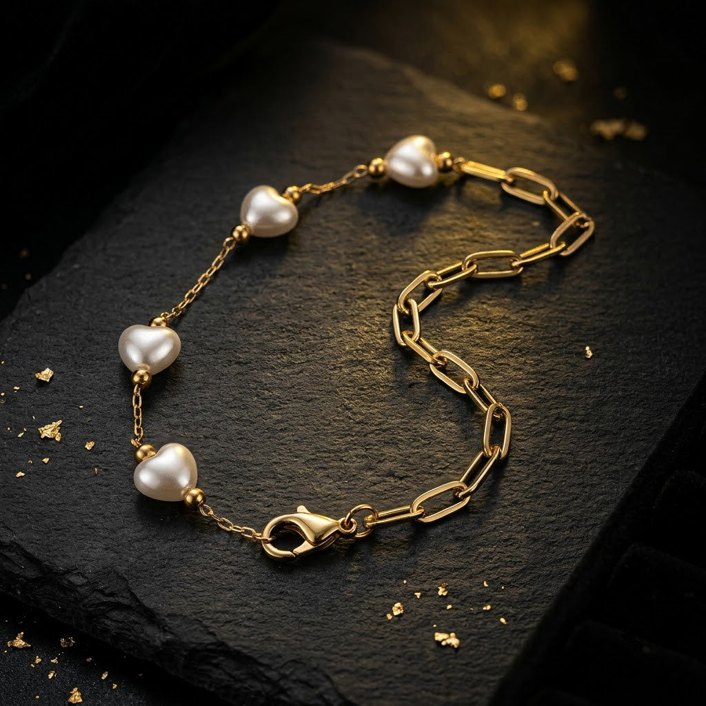 Baroque Heart Pearl Station Paperclip Link Bracelet - View 7 | ANUSI 18K Gold Jewelry