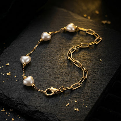 Baroque Heart Pearl Station Paperclip Link Bracelet - View 7 | ANUSI 18K Gold Jewelry