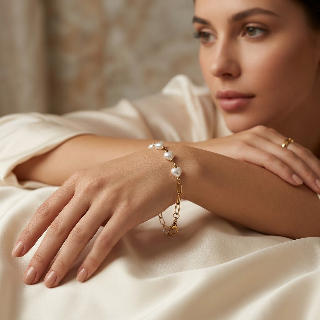 Baroque Heart Pearl Station Paperclip Link Bracelet - View 2 | ANUSI 18K Gold Jewelry