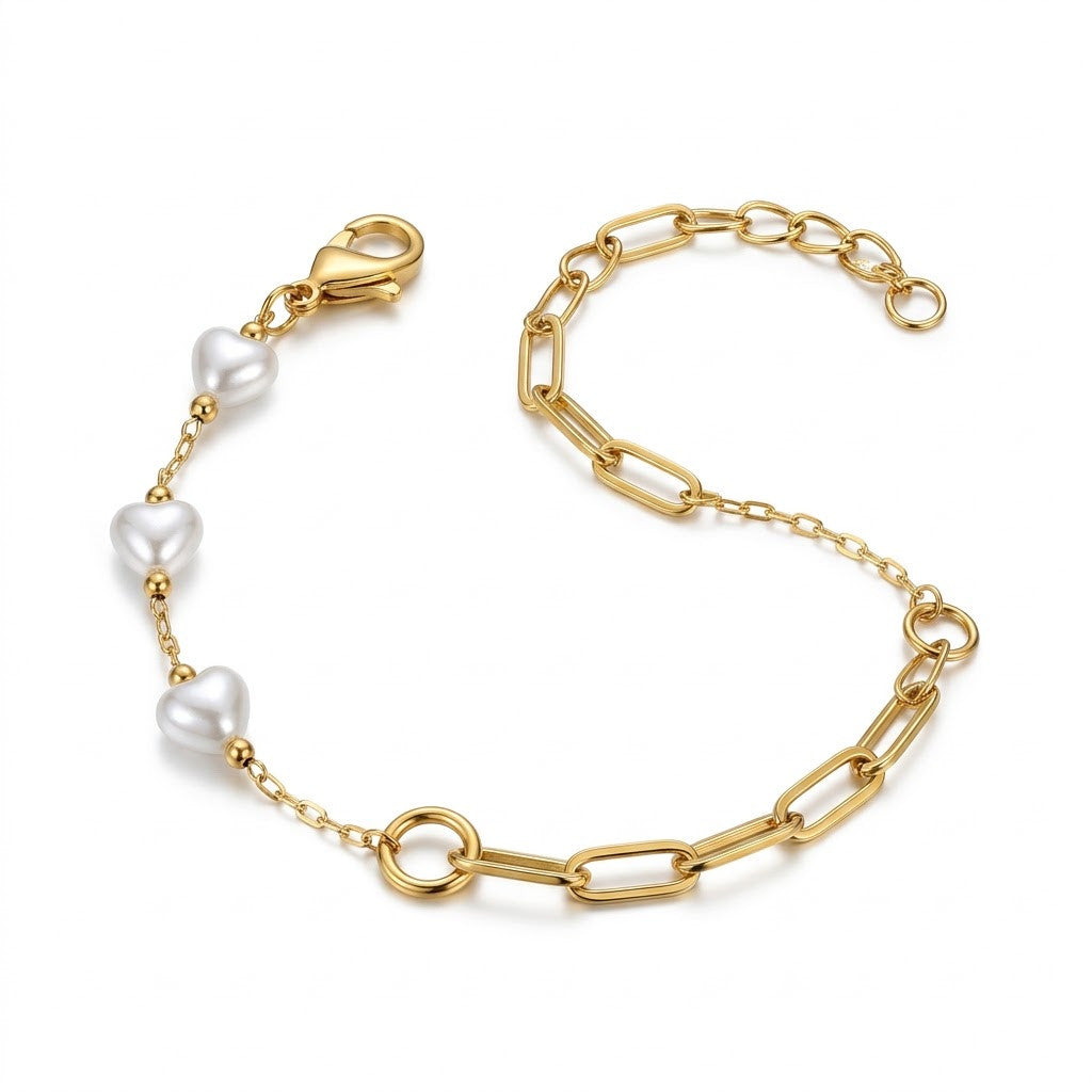 Baroque Heart Pearl Station Paperclip Link Bracelet - View 1 | ANUSI 18K Gold Jewelry