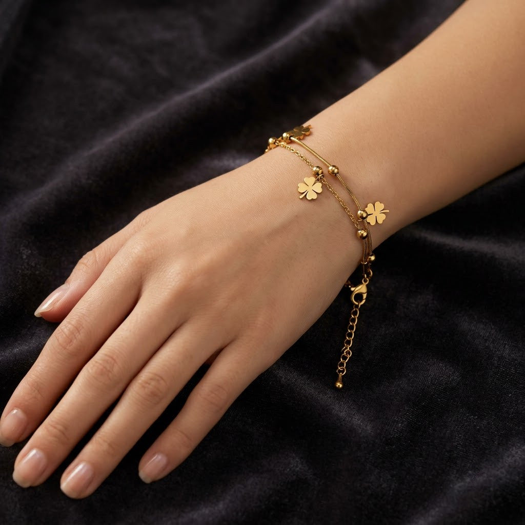 Four-Leaf Clover Dual-Strand Satellite Beaded Bracelet - View 2 | ANUSI 18K Gold Jewelry