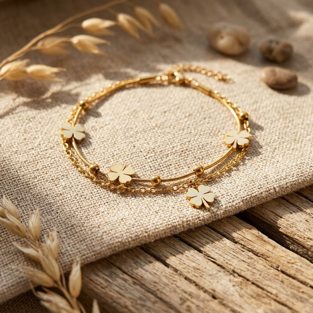 Four-Leaf Clover Dual-Strand Satellite Beaded Bracelet - View 5 | ANUSI 18K Gold Jewelry