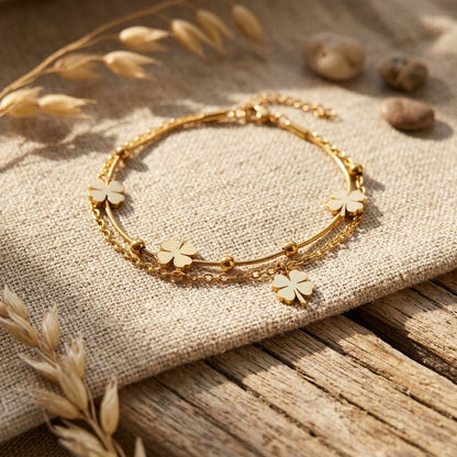 Four-Leaf Clover Dual-Strand Satellite Beaded Bracelet - View 5 | ANUSI 18K Gold Jewelry