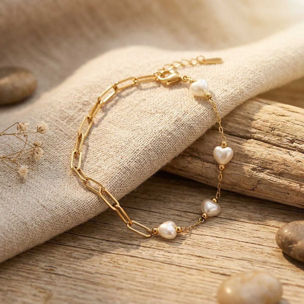 Baroque Heart Pearl Station Paperclip Link Bracelet - View 5 | ANUSI 18K Gold Jewelry