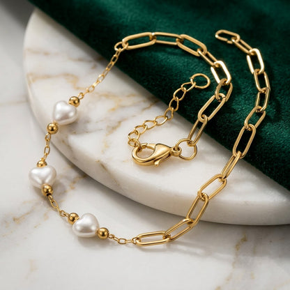 Baroque Heart Pearl Station Paperclip Link Bracelet - View 4 | ANUSI 18K Gold Jewelry