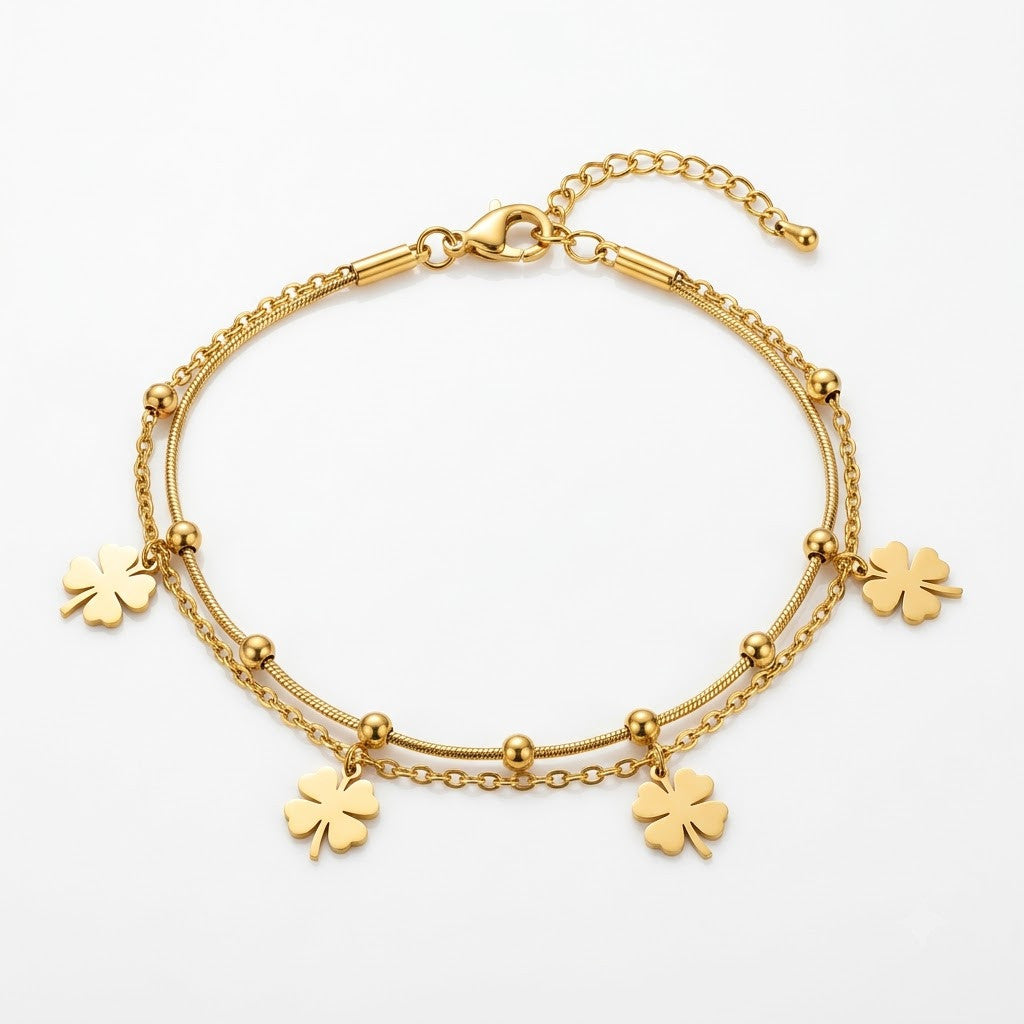 Four-Leaf Clover Dual-Strand Satellite Beaded Bracelet - View 1 | ANUSI 18K Gold Jewelry