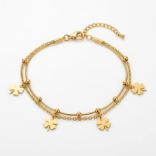 Four-Leaf Clover Dual-Strand Satellite Beaded Bracelet - View 1 | ANUSI 18K Gold Jewelry