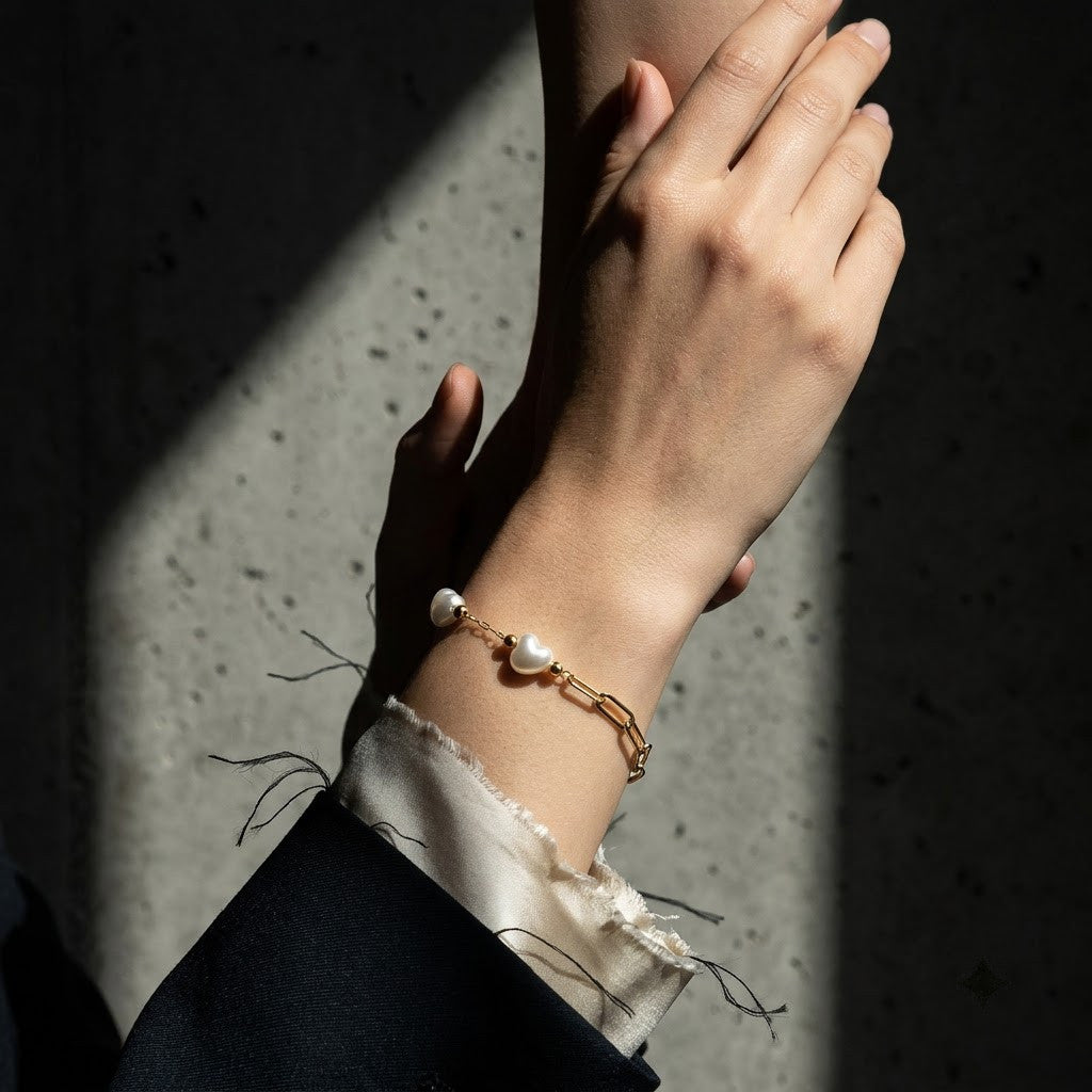 Baroque Heart Pearl Station Paperclip Link Bracelet - View 6 | ANUSI 18K Gold Jewelry