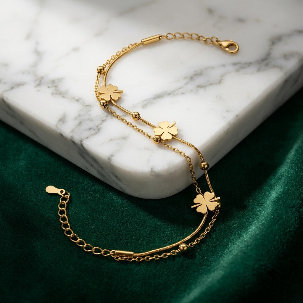 Four-Leaf Clover Dual-Strand Satellite Beaded Bracelet - View 4 | ANUSI 18K Gold Jewelry