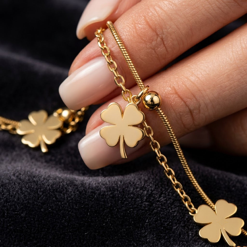 Four-Leaf Clover Dual-Strand Satellite Beaded Bracelet - View 3 | ANUSI 18K Gold Jewelry