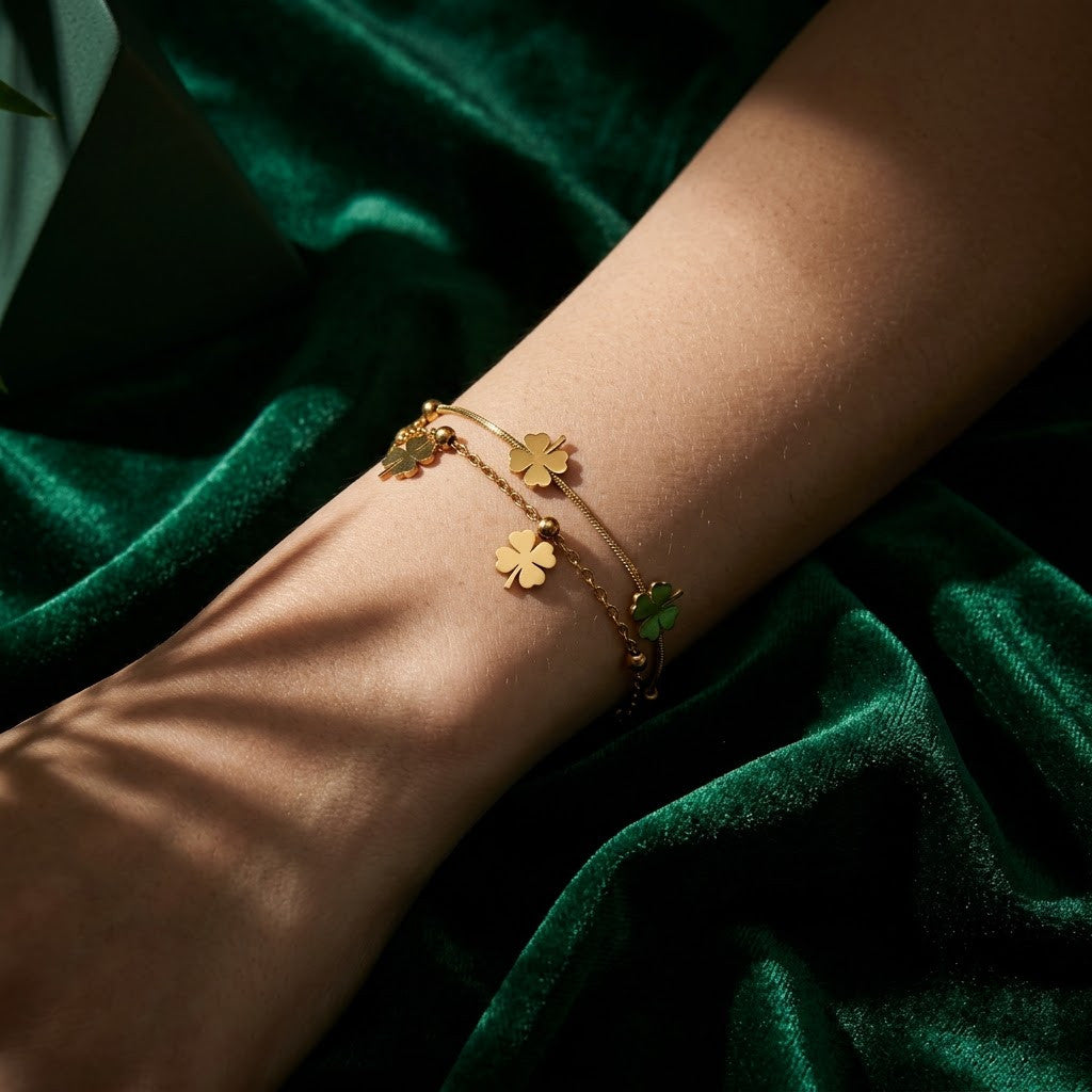 Four-Leaf Clover Dual-Strand Satellite Beaded Bracelet - View 6 | ANUSI 18K Gold Jewelry