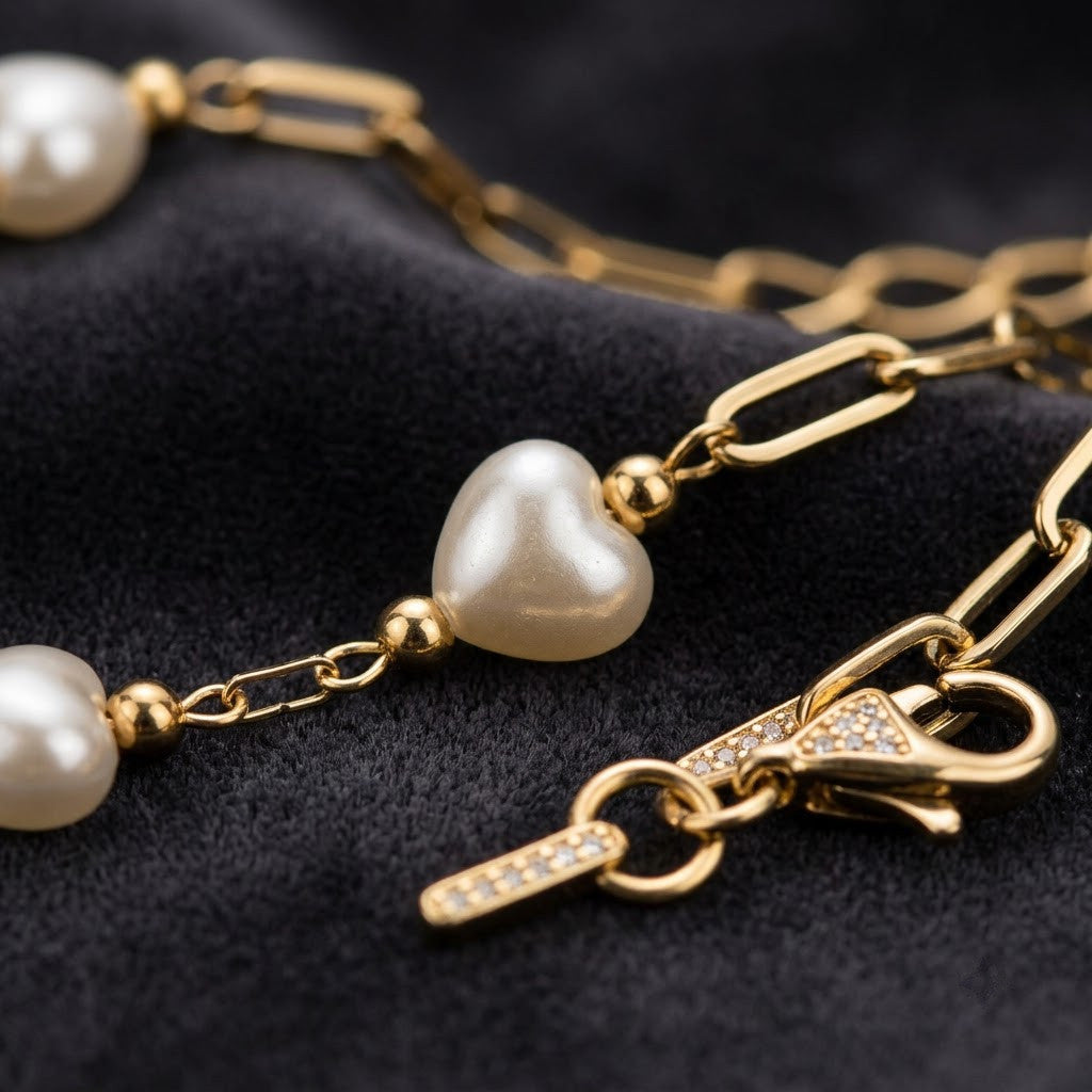 Baroque Heart Pearl Station Paperclip Link Bracelet - View 3 | ANUSI 18K Gold Jewelry