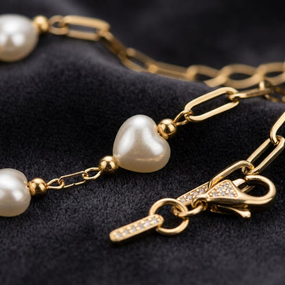 Baroque Heart Pearl Station Paperclip Link Bracelet - View 3 | ANUSI 18K Gold Jewelry