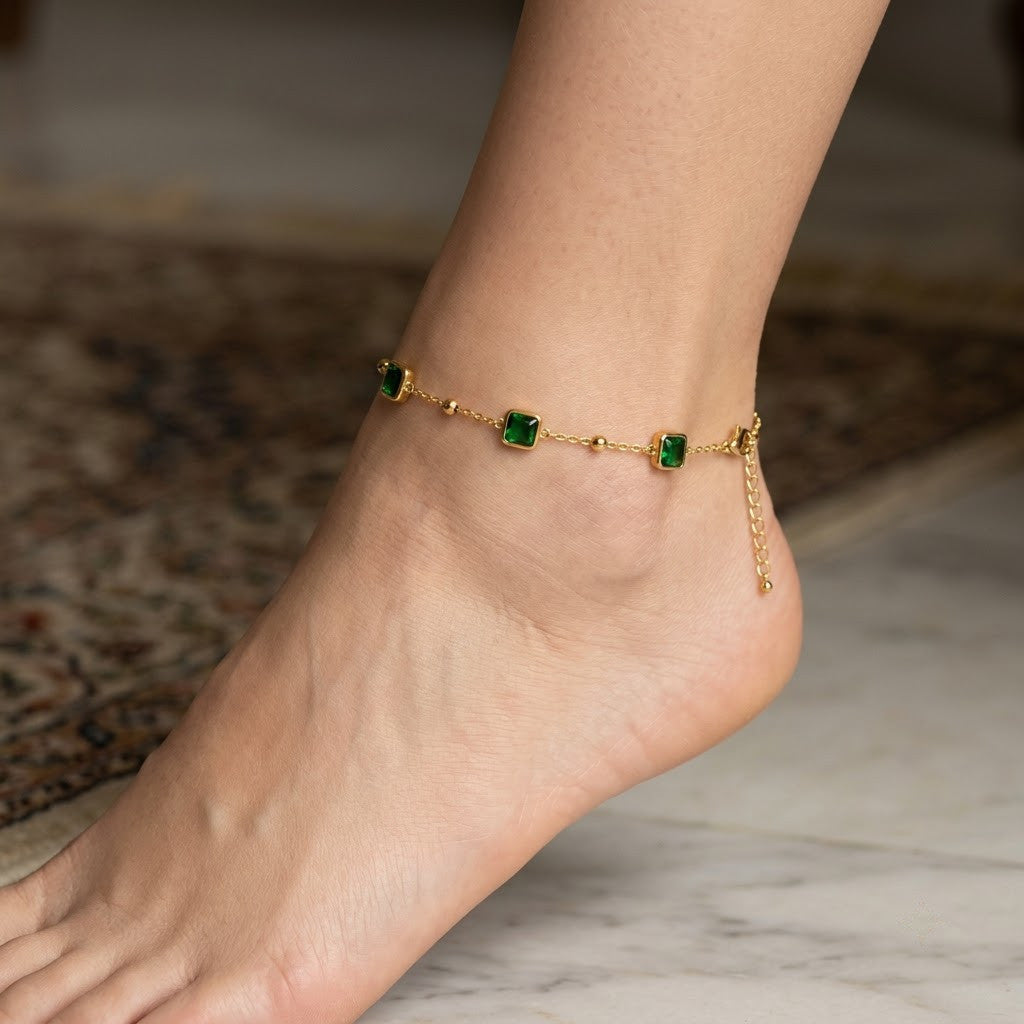 Square Bezel Emerald Gemstone Station Satellite Anklet - View 2 | ANUSI 18K Gold Jewelry