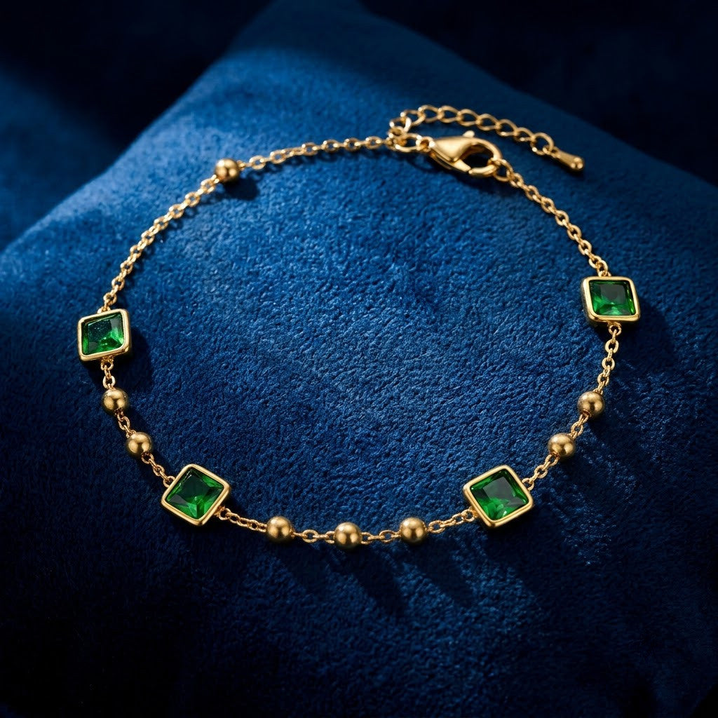 Square Bezel Emerald Gemstone Station Satellite Anklet - View 4 | ANUSI 18K Gold Jewelry