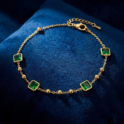 Square Bezel Emerald Gemstone Station Satellite Anklet - View 4 | ANUSI 18K Gold Jewelry