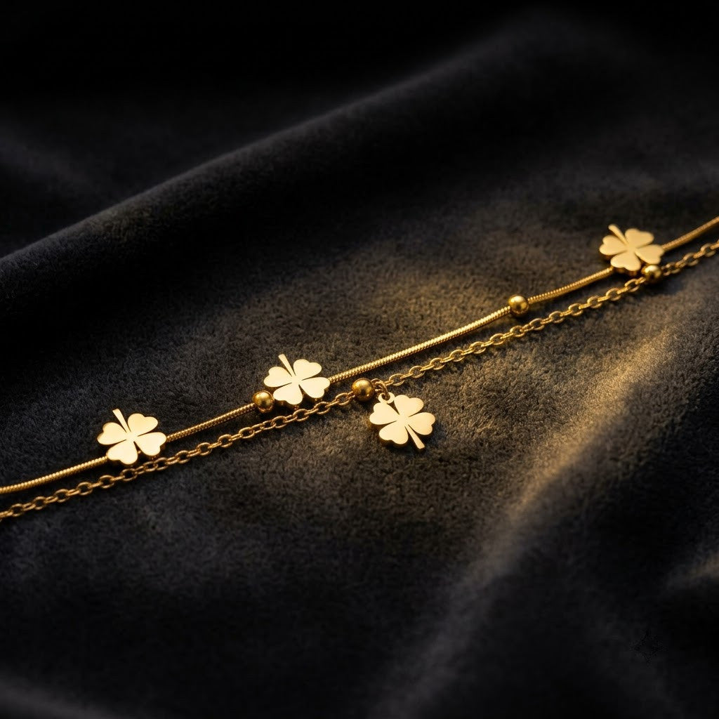 Four-Leaf Clover Dual-Strand Satellite Beaded Bracelet - View 7 | ANUSI 18K Gold Jewelry