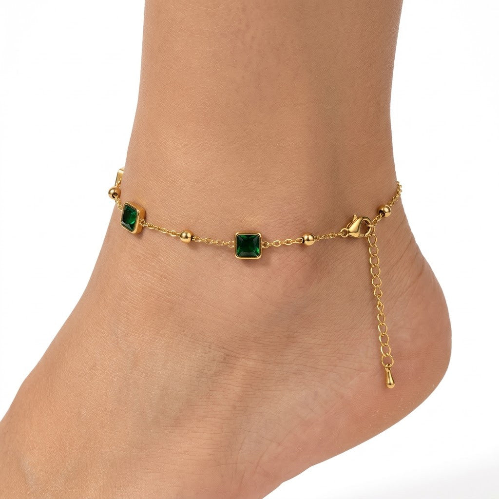 Square Bezel Emerald Gemstone Station Satellite Anklet - View 1 | ANUSI 18K Gold Jewelry