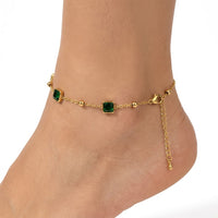 Square Bezel Emerald Gemstone Station Satellite Anklet - View 1 | ANUSI 18K Gold Jewelry