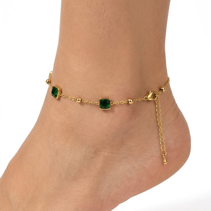 Square Bezel Emerald Gemstone Station Satellite Anklet - View 1 | ANUSI 18K Gold Jewelry