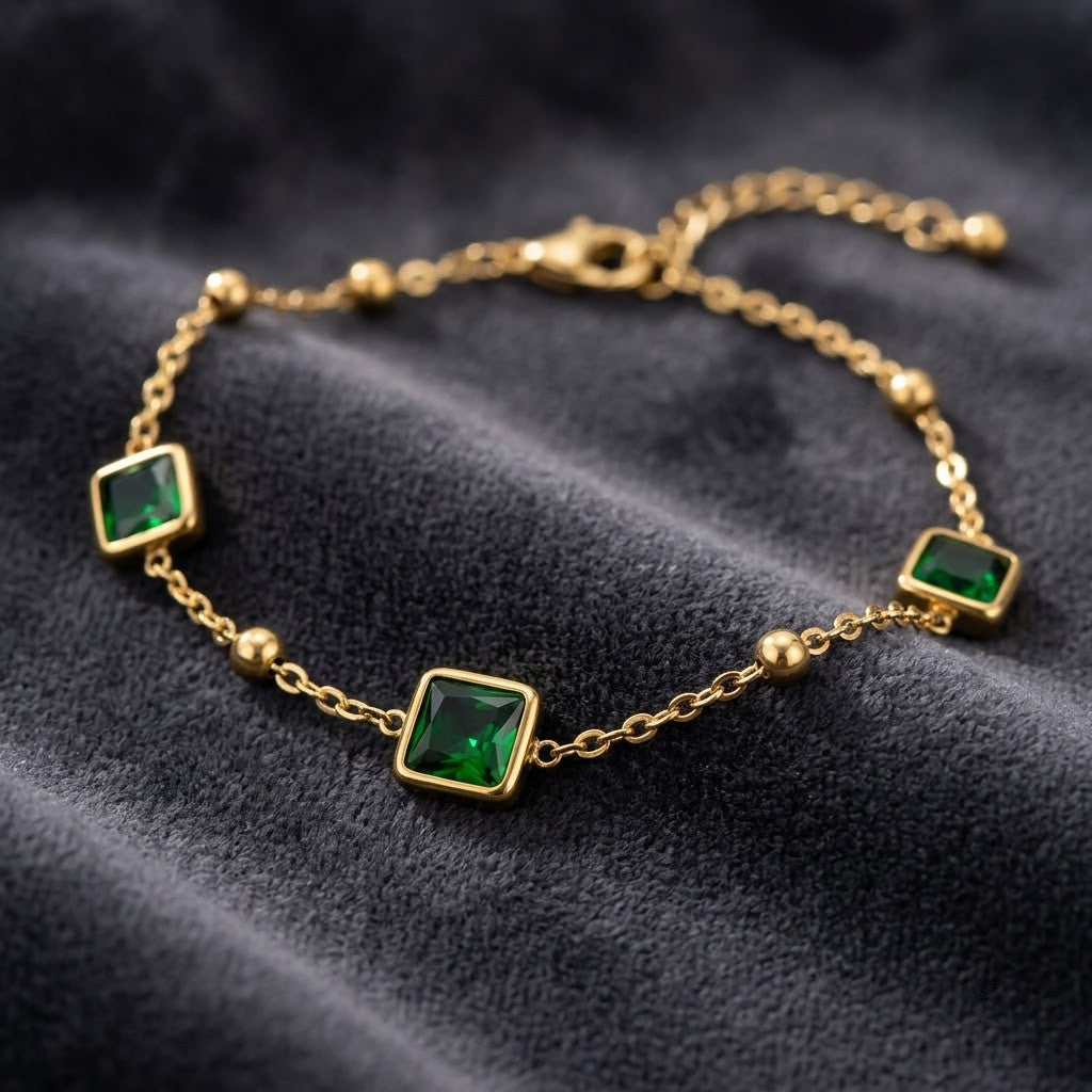 Square Bezel Emerald Gemstone Station Satellite Anklet - View 3 | ANUSI 18K Gold Jewelry