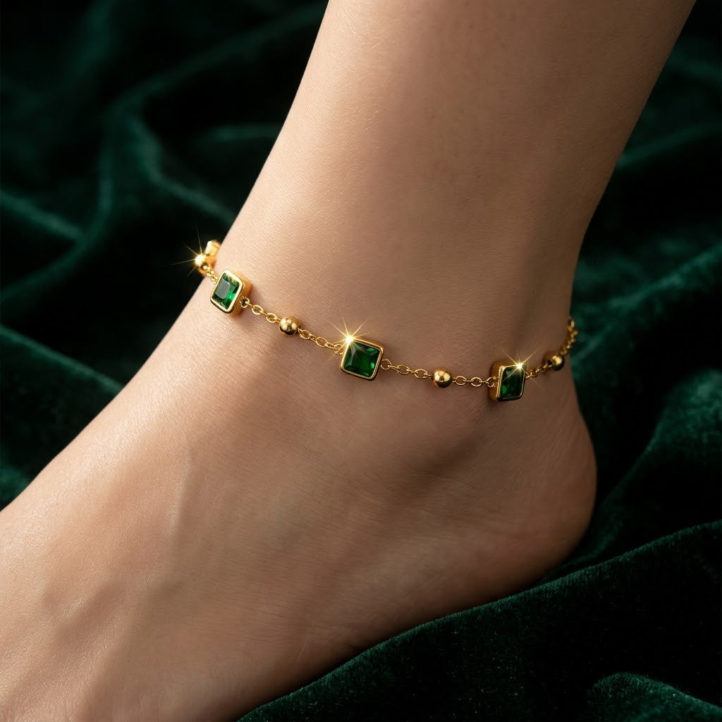 Square Bezel Emerald Gemstone Station Satellite Anklet - View 6 | ANUSI 18K Gold Jewelry