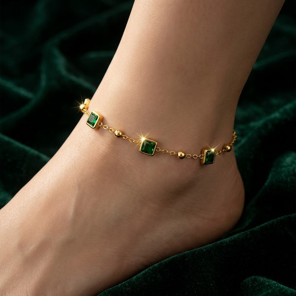 Square Bezel Emerald Gemstone Station Satellite Anklet - View 6 | ANUSI 18K Gold Jewelry