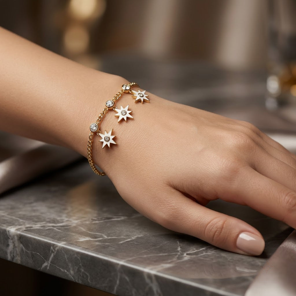 Celestial Shooting Star Dangle Charm Link Bracelet - View 2 | ANUSI 18K Gold Jewelry