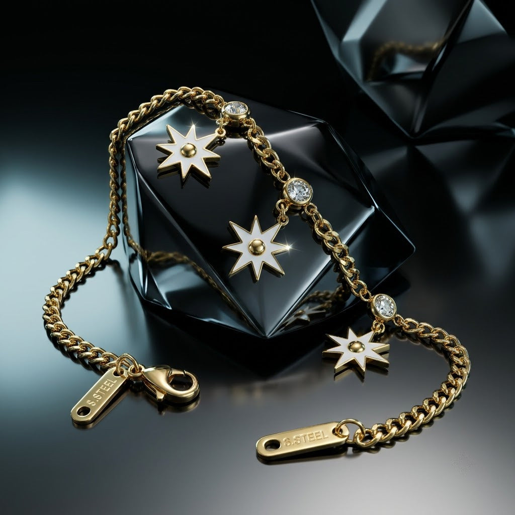Celestial Shooting Star Dangle Charm Link Bracelet - View 6 | ANUSI 18K Gold Jewelry