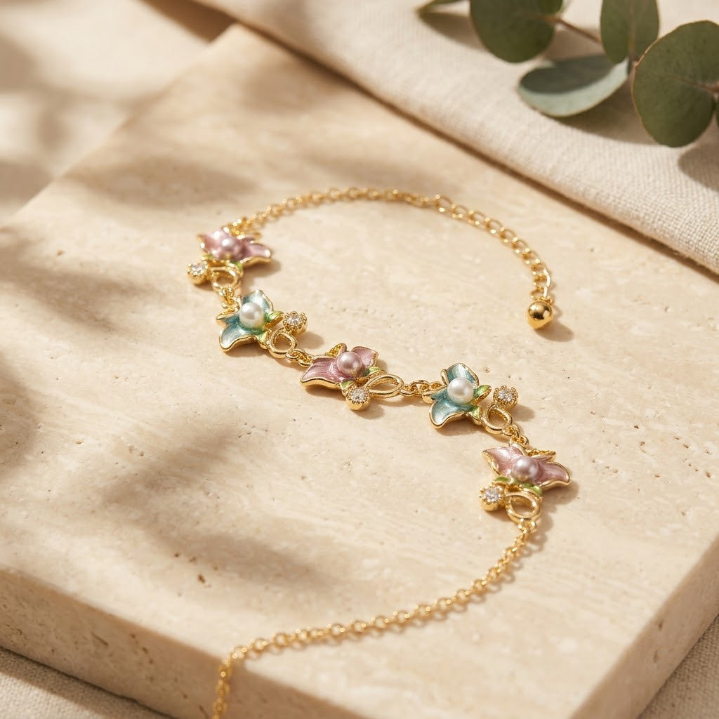 Pastel Blossom Floral & Butterfly Crystal Bracelet - View 5 | ANUSI 18K Gold Jewelry