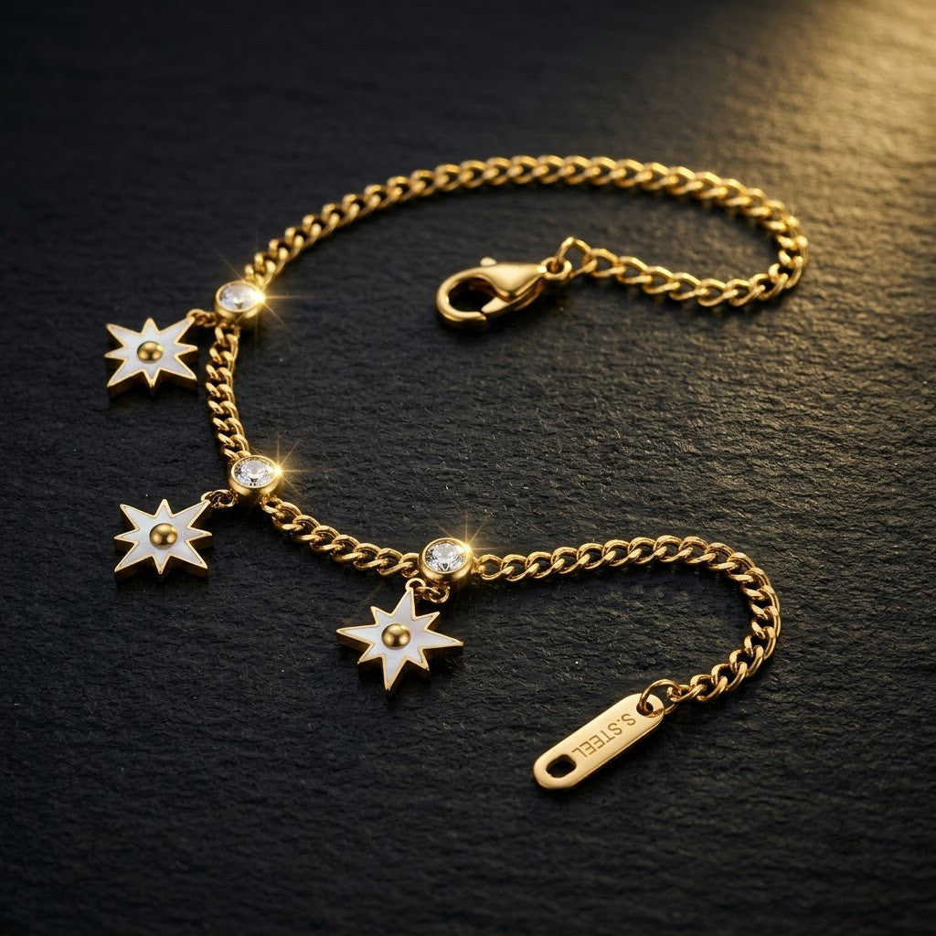 Celestial Shooting Star Dangle Charm Link Bracelet - View 7 | ANUSI 18K Gold Jewelry