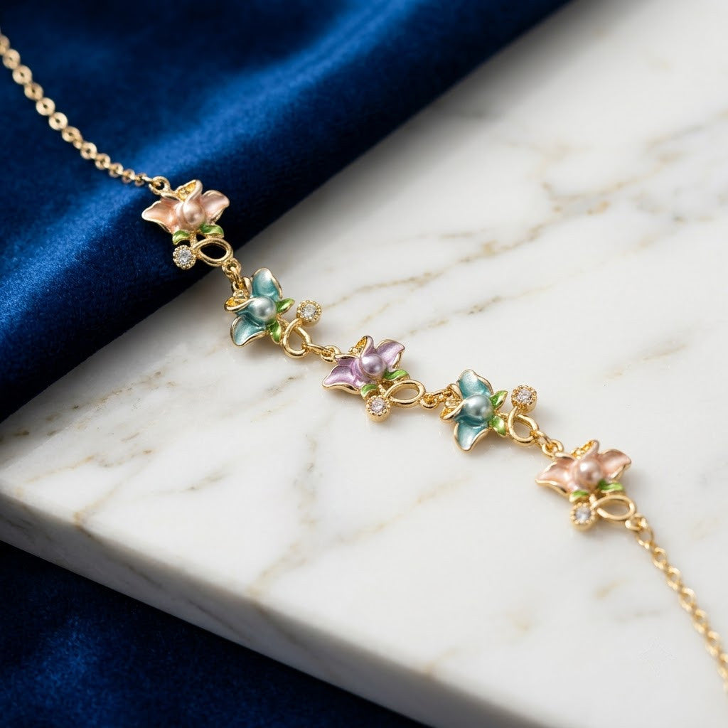 Pastel Blossom Floral & Butterfly Crystal Bracelet - View 4 | ANUSI 18K Gold Jewelry