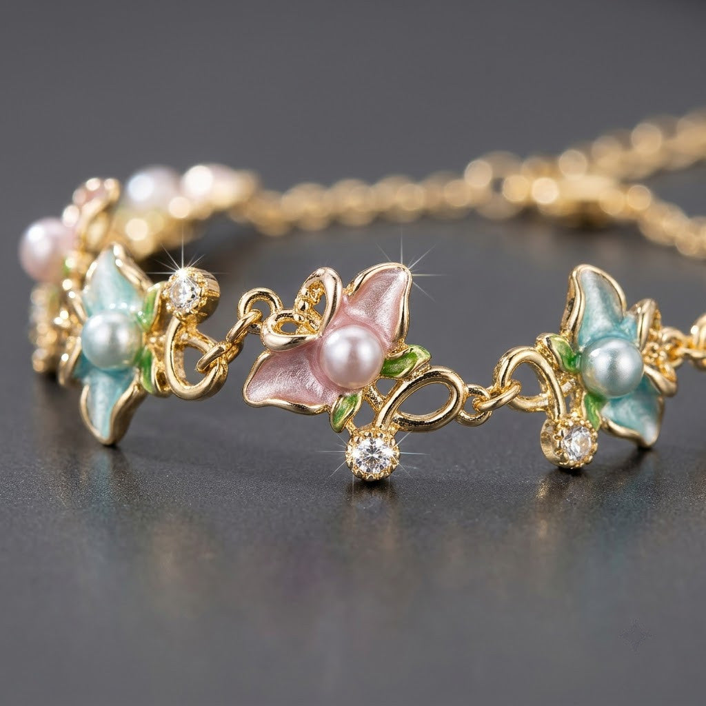 Pastel Blossom Floral & Butterfly Crystal Bracelet - View 3 | ANUSI 18K Gold Jewelry