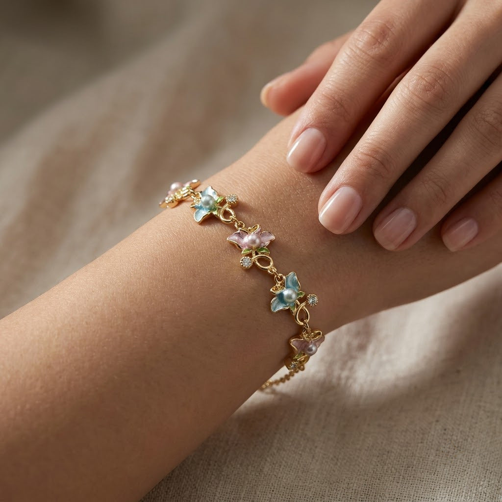Pastel Blossom Floral & Butterfly Crystal Bracelet - View 2 | ANUSI 18K Gold Jewelry