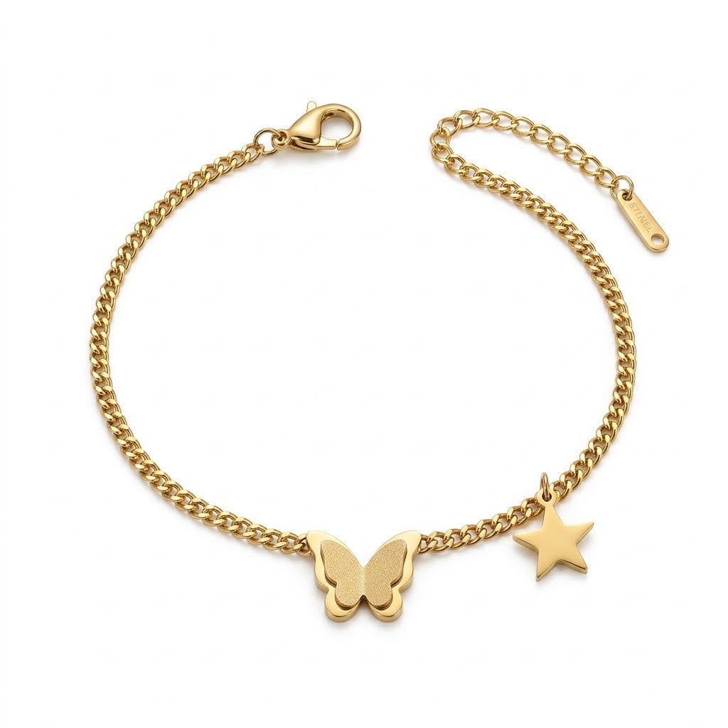 Golden Papillon Butterfly & Star Dangle Charm Anklet - View 1 | ANUSI 18K Gold Jewelry