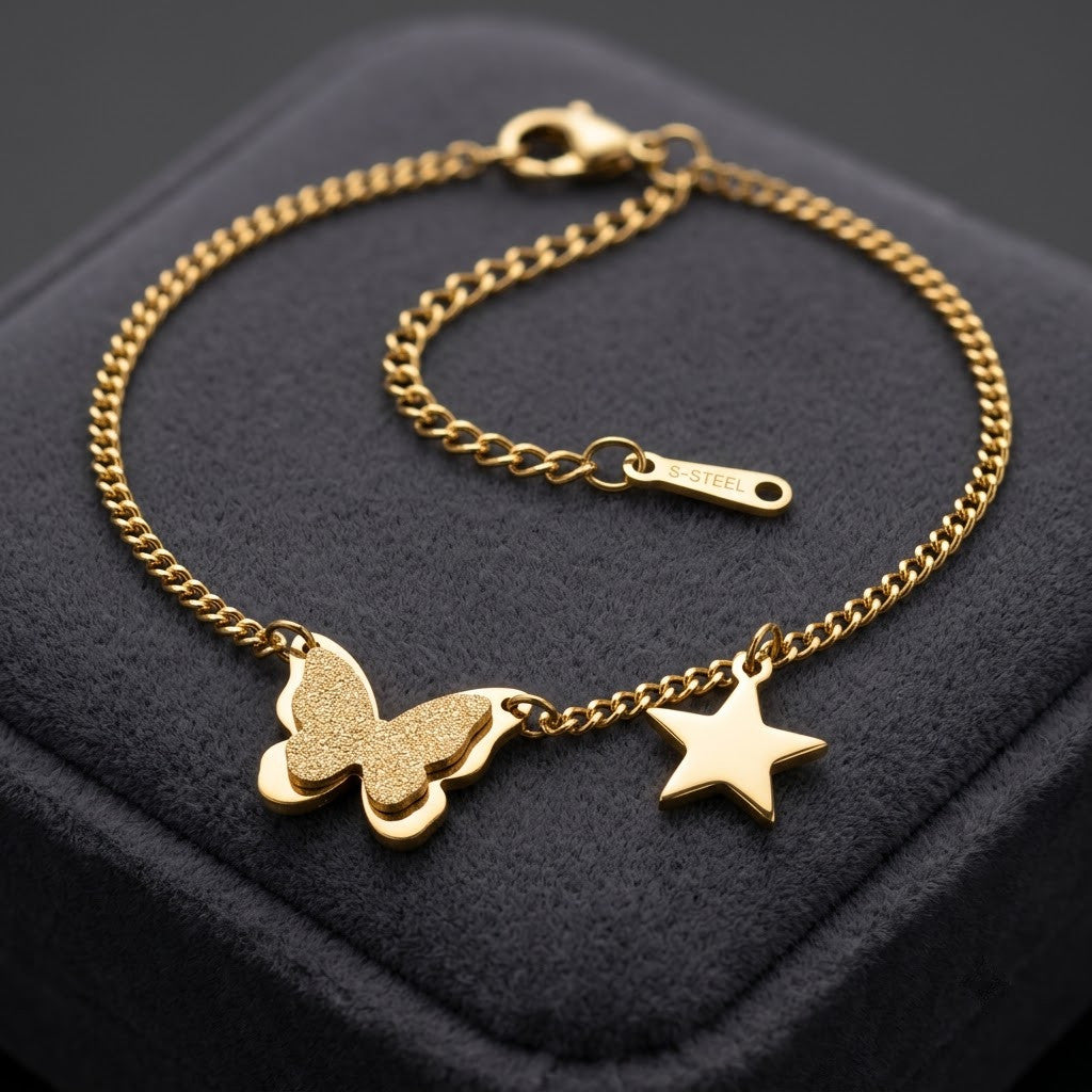 Golden Papillon Butterfly & Star Dangle Charm Anklet - View 3 | ANUSI 18K Gold Jewelry