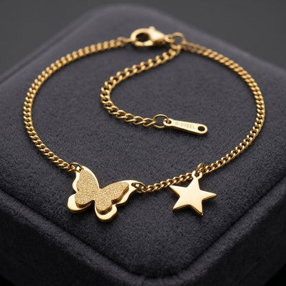 Golden Papillon Butterfly & Star Dangle Charm Anklet - View 3 | ANUSI 18K Gold Jewelry