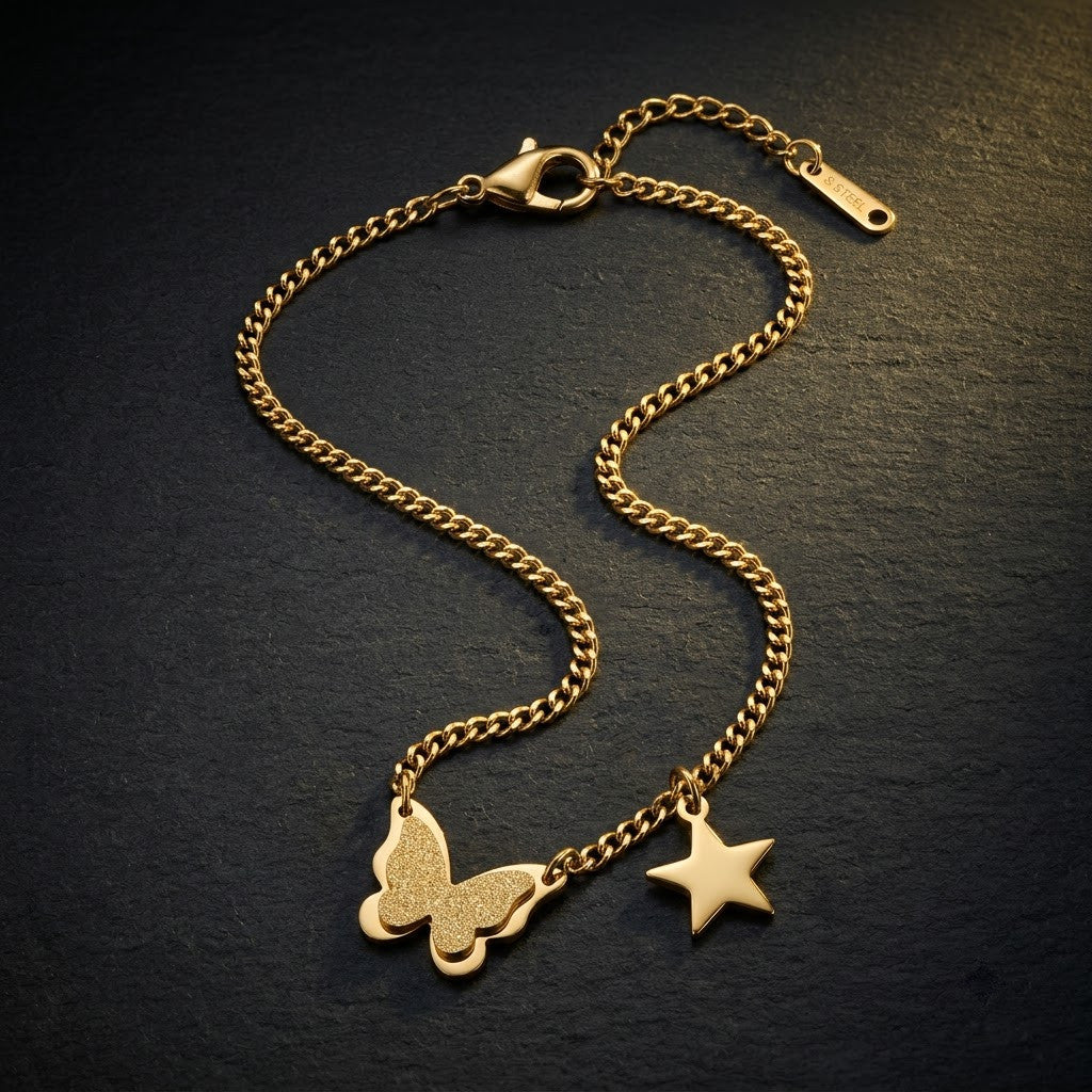 Golden Papillon Butterfly & Star Dangle Charm Anklet - View 7 | ANUSI 18K Gold Jewelry