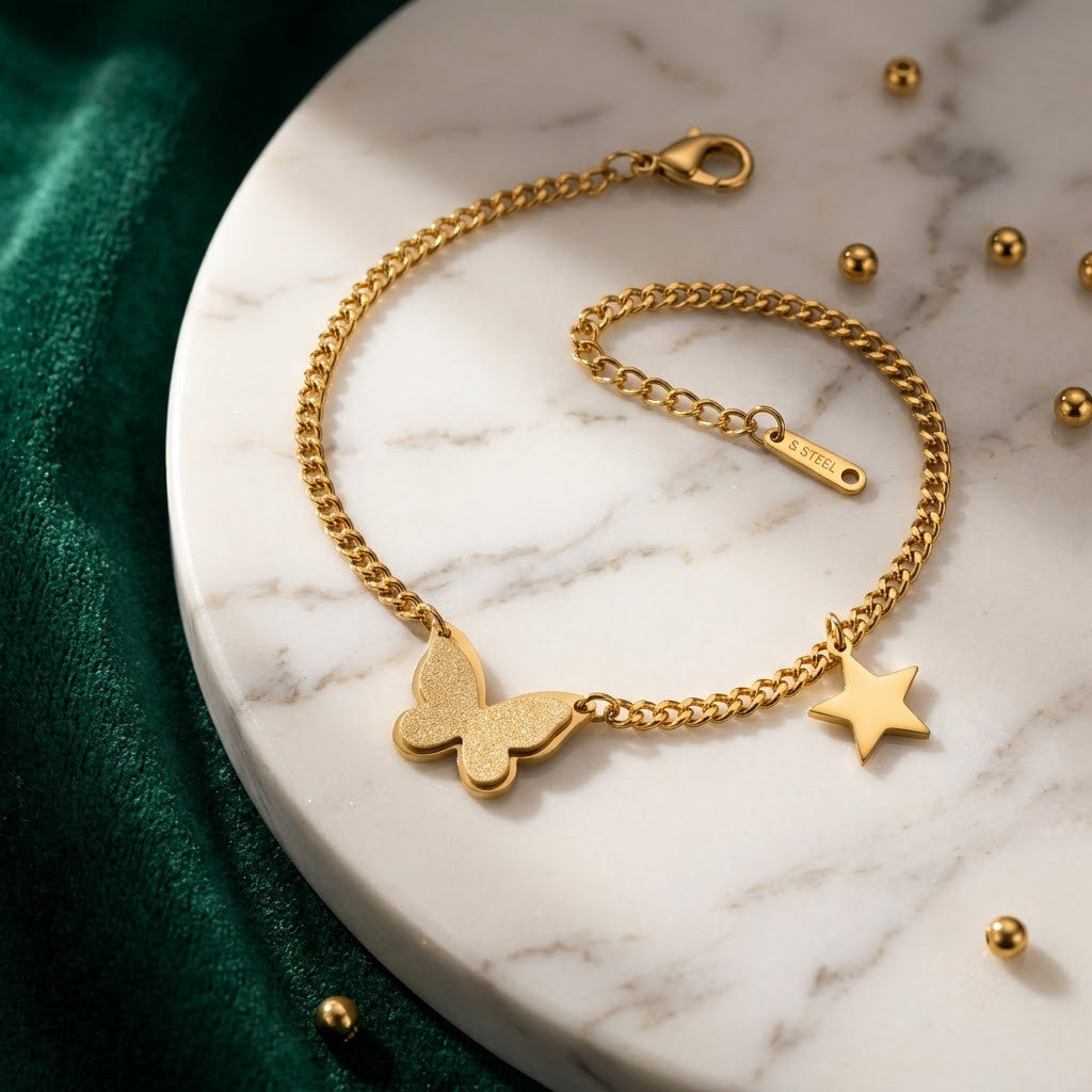 Golden Papillon Butterfly & Star Dangle Charm Anklet - View 4 | ANUSI 18K Gold Jewelry