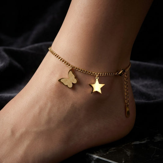 Golden Papillon Butterfly & Star Dangle Charm Anklet - View 6 | ANUSI 18K Gold Jewelry